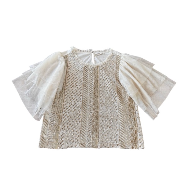 Anthropologie Forever That Girl‎ Ivory Sequin Tulle Short Sleeves Top Medium - Picture 2 of 9